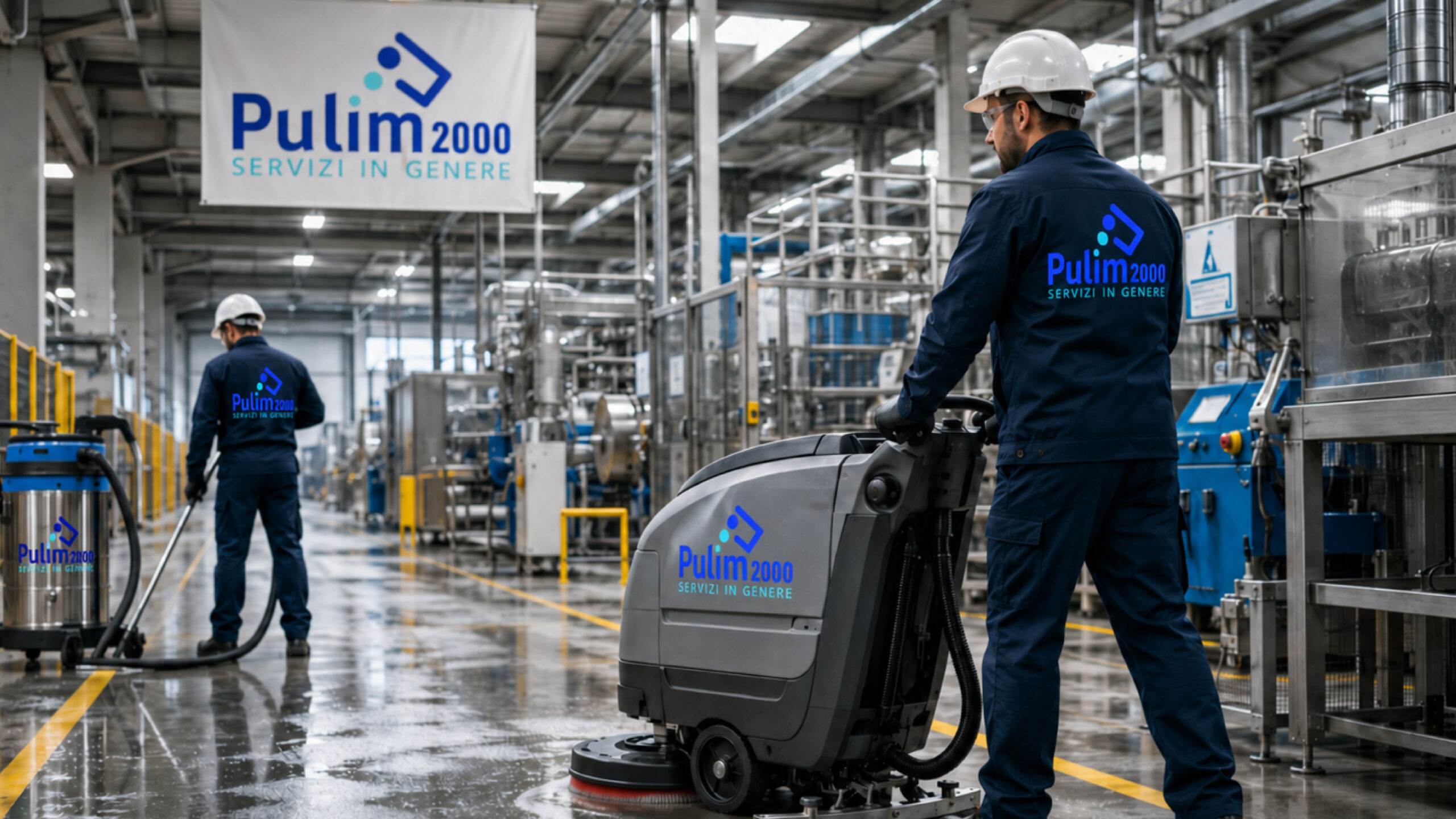 Operatore Pulim 2000 con lavasciuga professionale in ambiente industriale