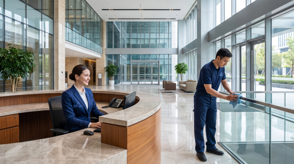 Servizi integrati di facility management Pulim 2000: portierato e pulizie nella hall di un edificio