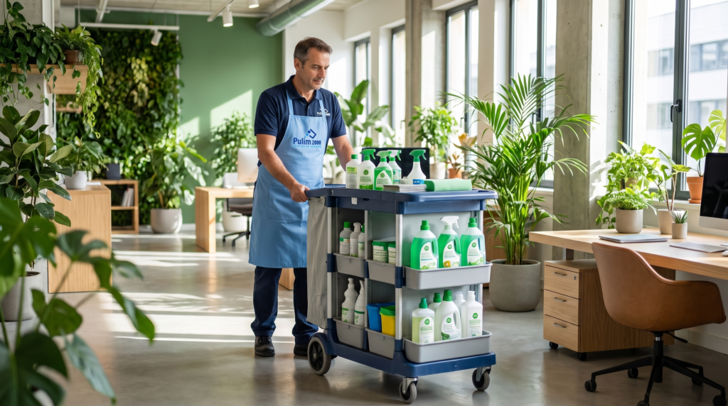 Operatrice Pulim 2000 con carrello e prodotti ecologici certificati conformi ai CAM