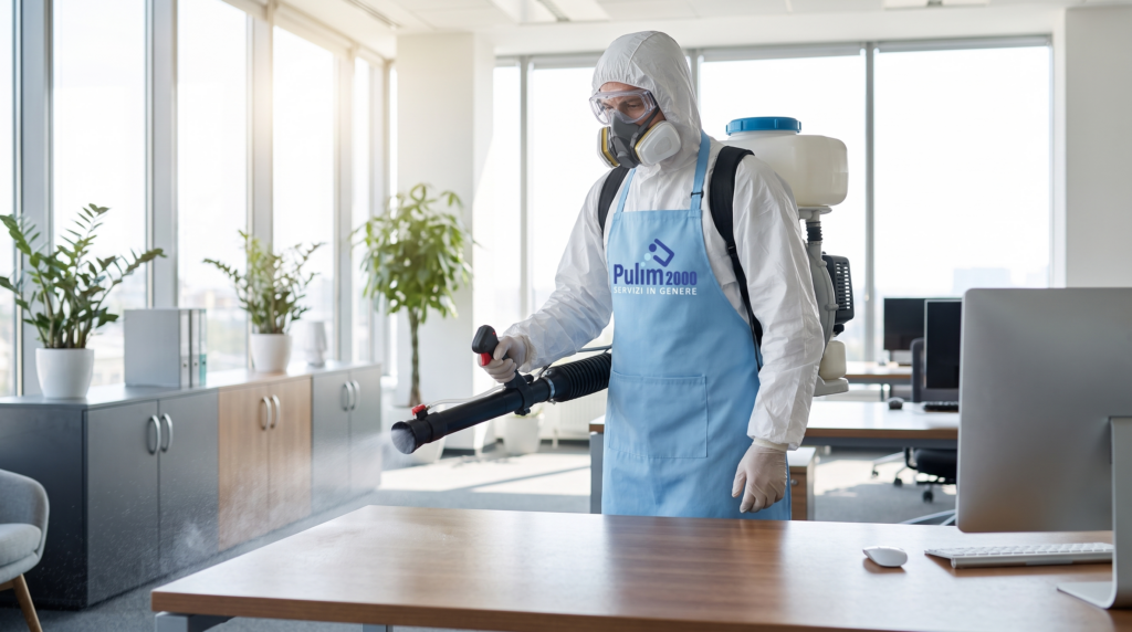 Operatore Pulim 2000 durante la sanificazione professionale di un ufficio